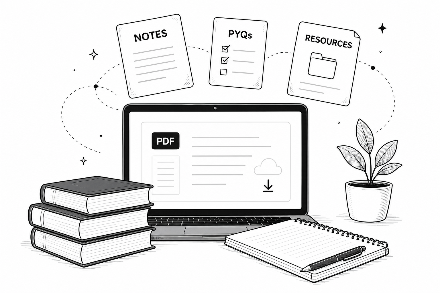 Laptop, books, notes and academic resources